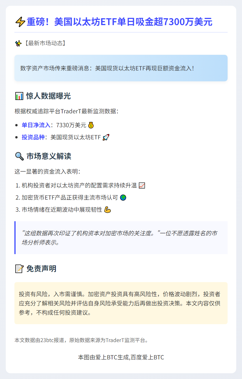 以太坊ETF单日吸金7330万美元