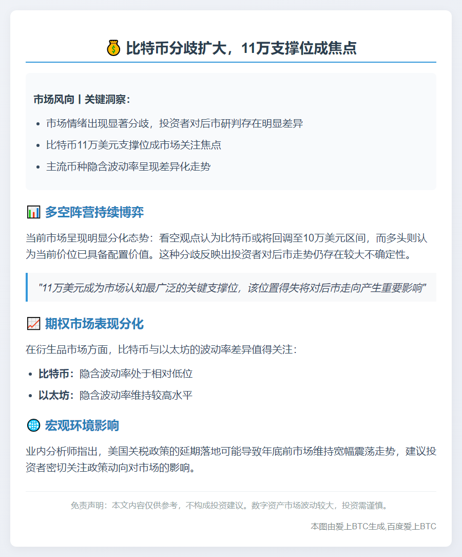 "比特币分歧扩大，11万支撑位成焦点"