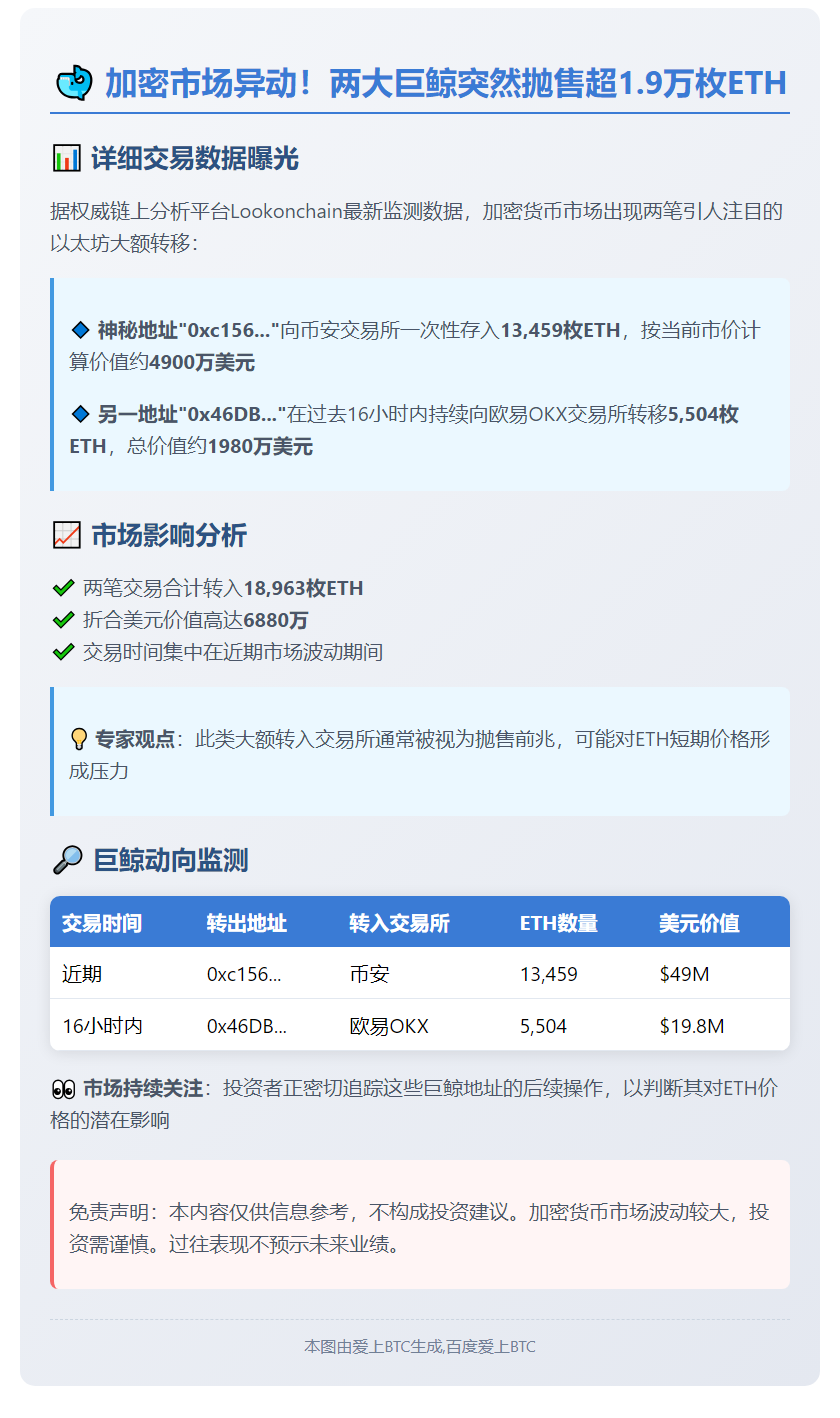两鲸鱼存入1.9万枚ETH至CEX