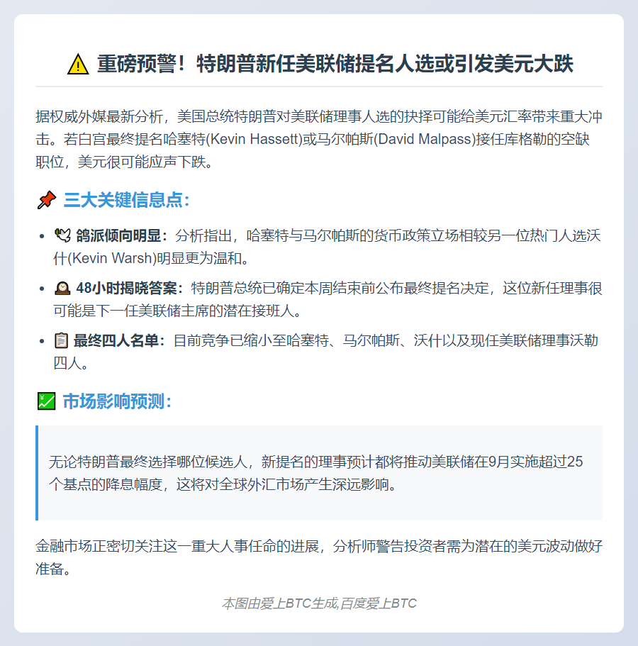 哈塞特或马尔帕斯执掌美联储或致美元下跌