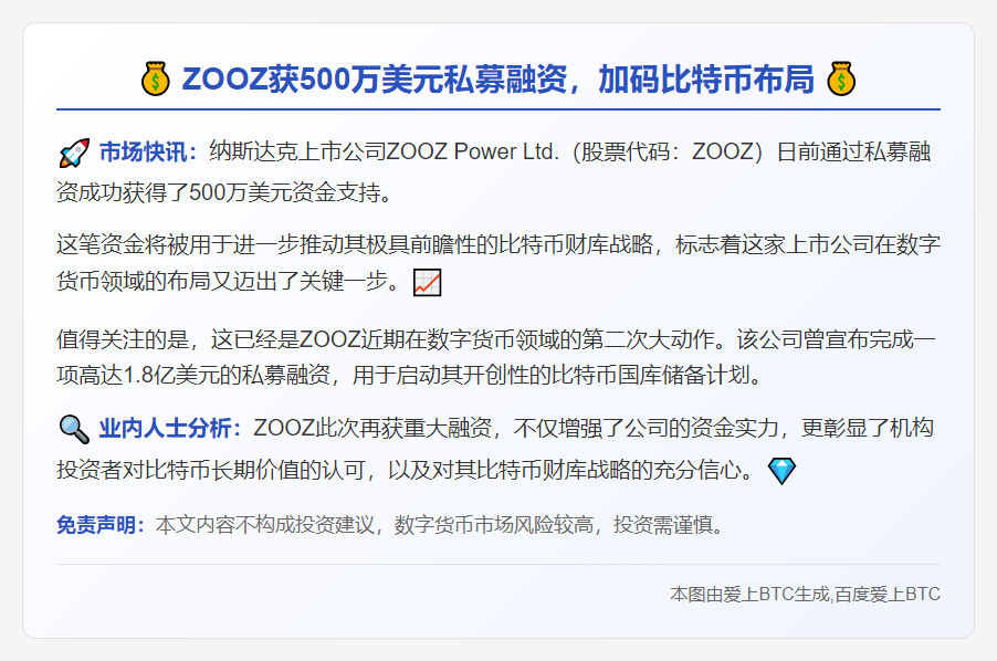 ZOOZ获500万美元私募融资，加码比特币布局