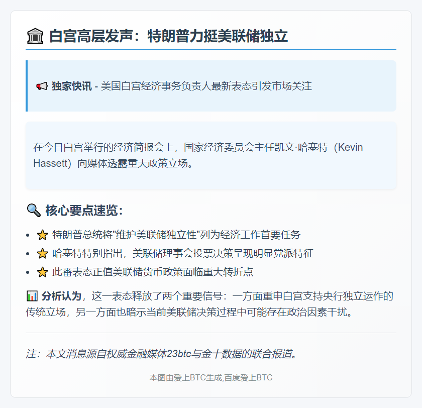 特朗普施压下，哈塞特强调美联储独立性