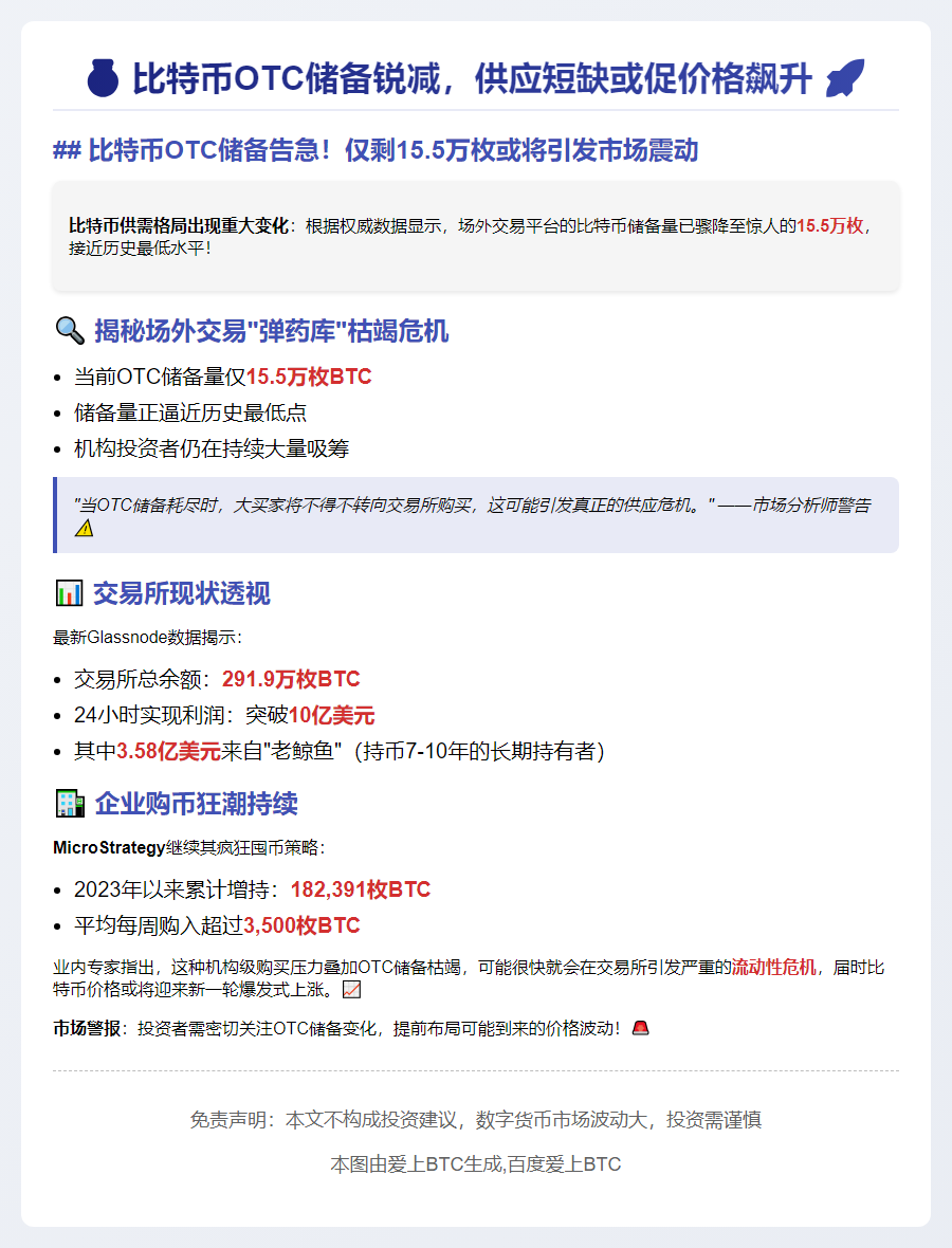 比特币OTC储备锐减，供应短缺或促价格飙升