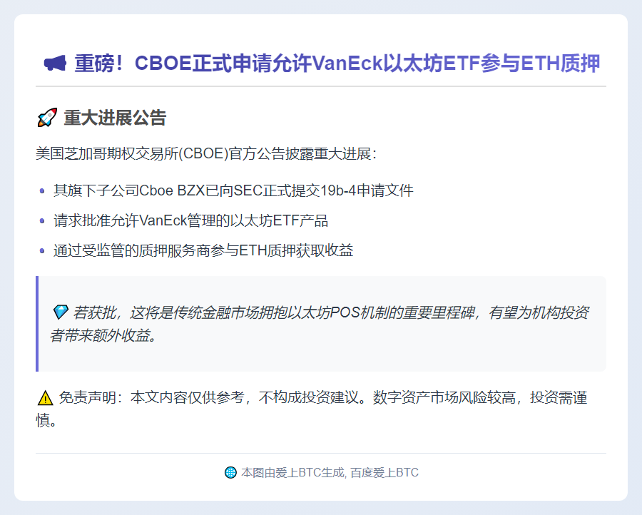 CBOE申请VanEck以太坊ETF质押许可