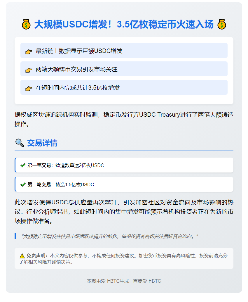 USDC Treasury铸造3.5亿枚新代币