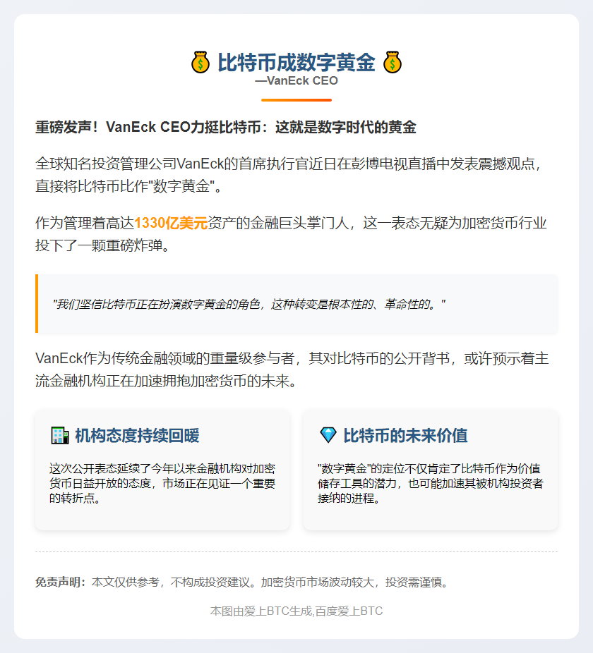 "比特币成数字黄金" —VanEck CEO