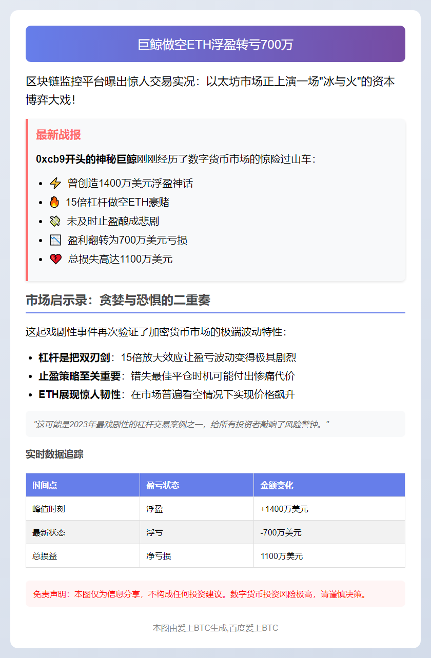 巨鲸做空ETH浮盈转亏700万