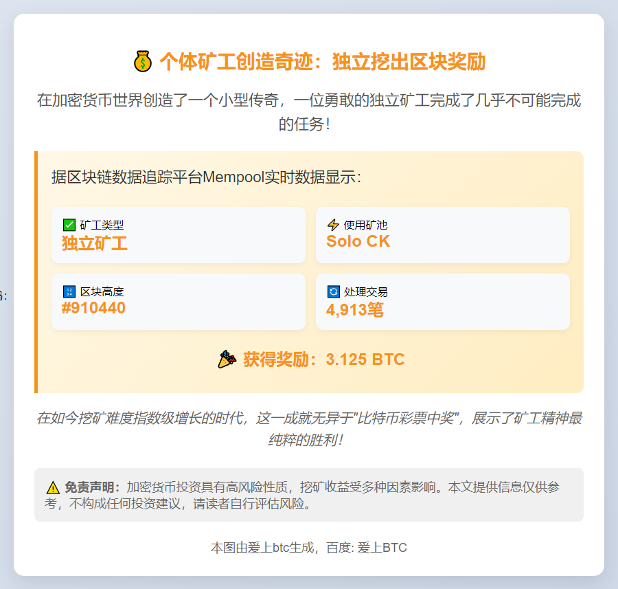 独矿工获3.125枚BTC奖励