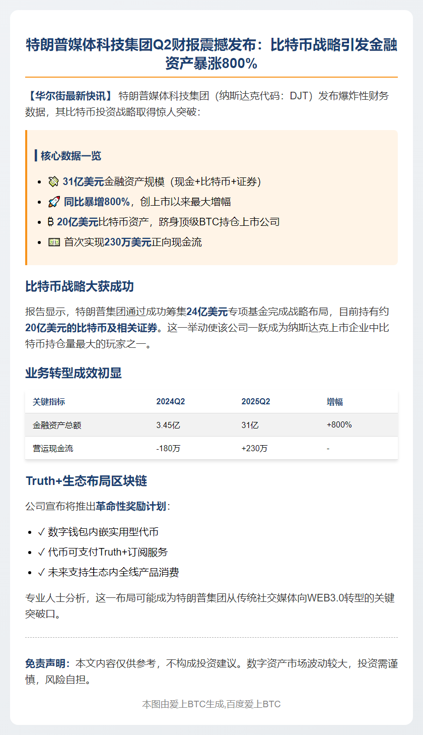 特朗普媒体科技集团Q2金融资产31亿美元，同比增800%