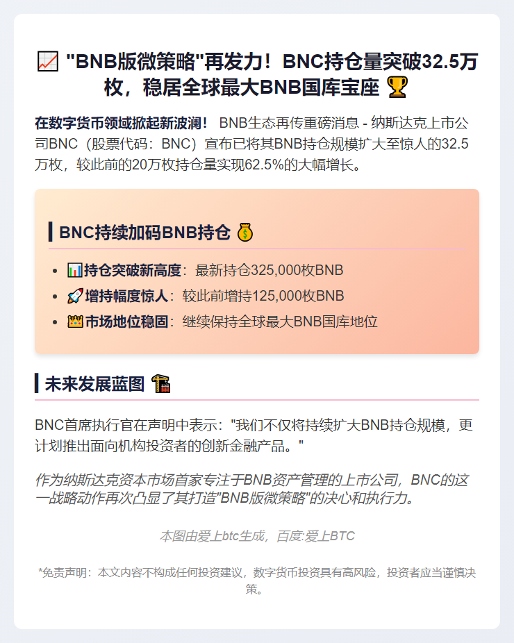 "BNC增持BNB至32.5万枚，打造'BNB版微策略'"