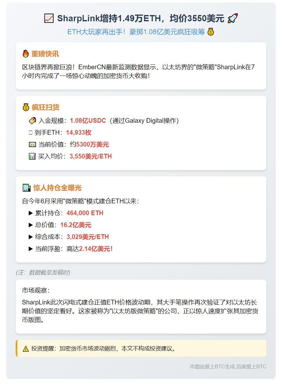 SharpLink增持1.49万ETH，均价3550美元