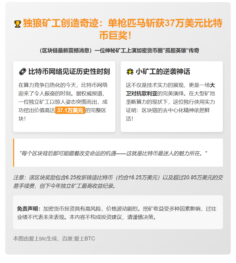 矿工挖出37.1万美元比特币