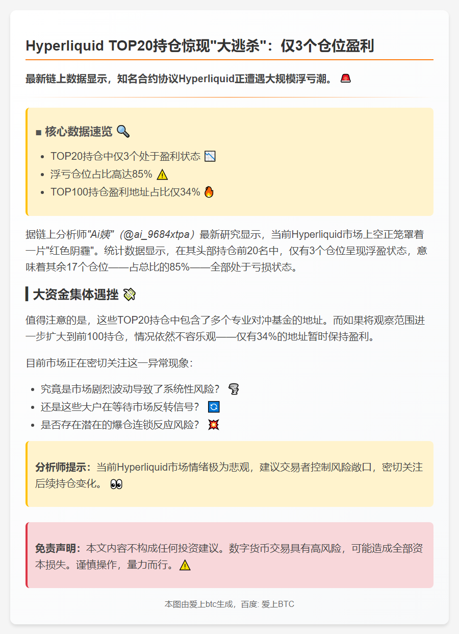 Hyperliquid TOP20持仓85%浮亏