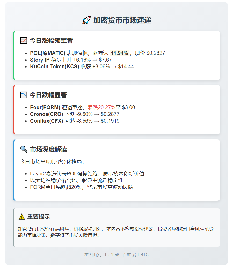 加密货币百强榜：POL涨12%，FORM跌20%