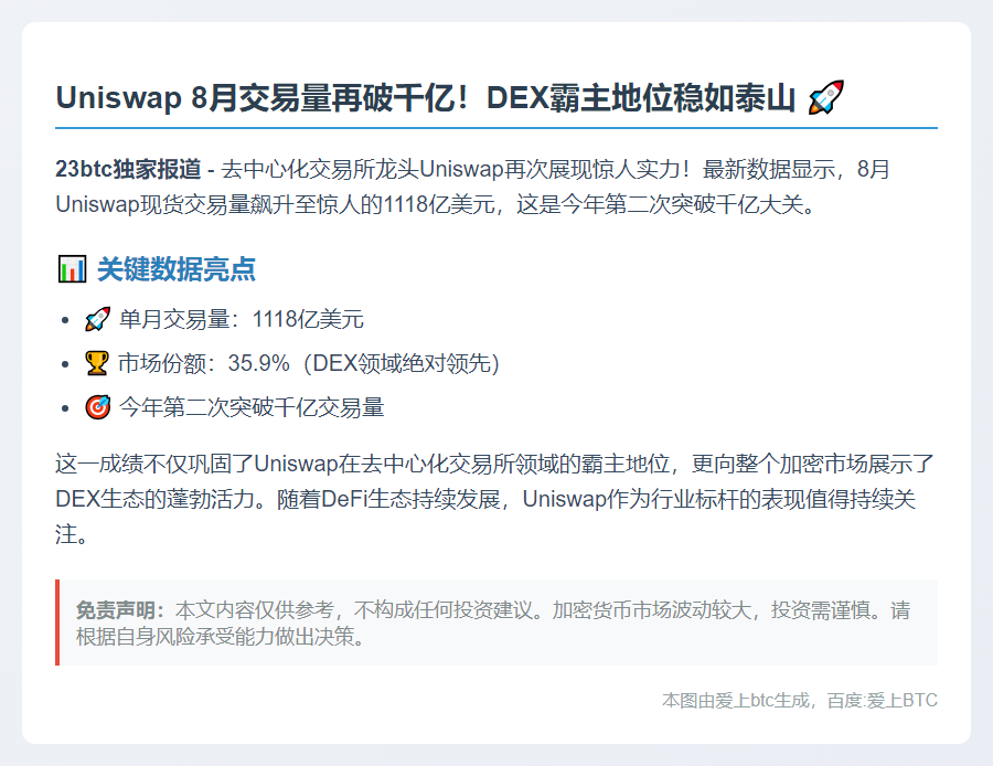 Uniswap 8月交易量1118亿占DEX 35.9%