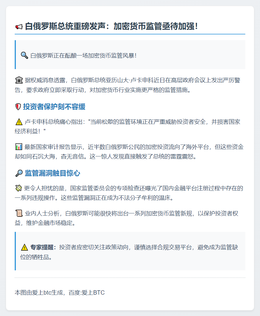 白俄总统敦促加强加密货币监管