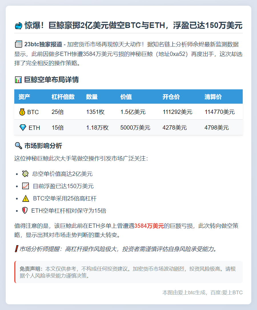 巨鲸加仓2亿美元BTC、ETH空单