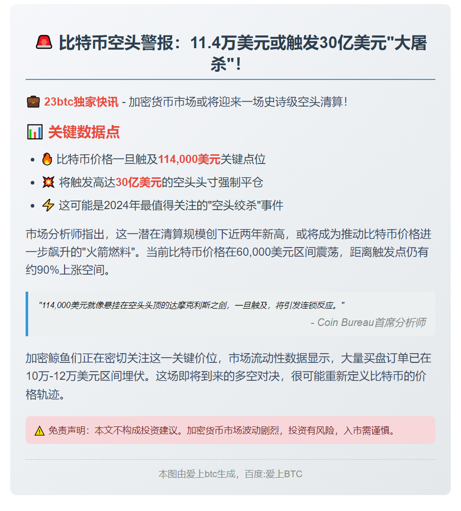 比特币涨至11.4万可平30亿空头