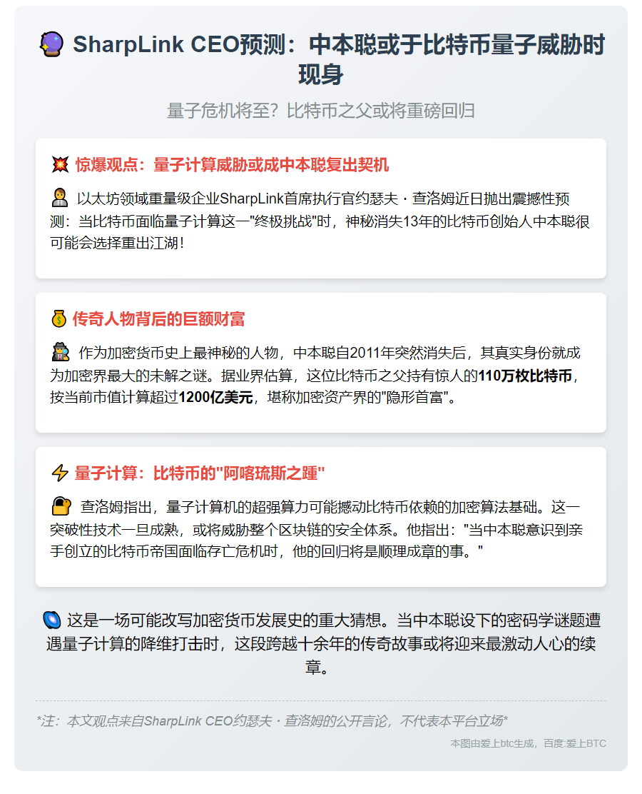 SharpLink CEO预测：中本聪或于比特币量子威胁时现身