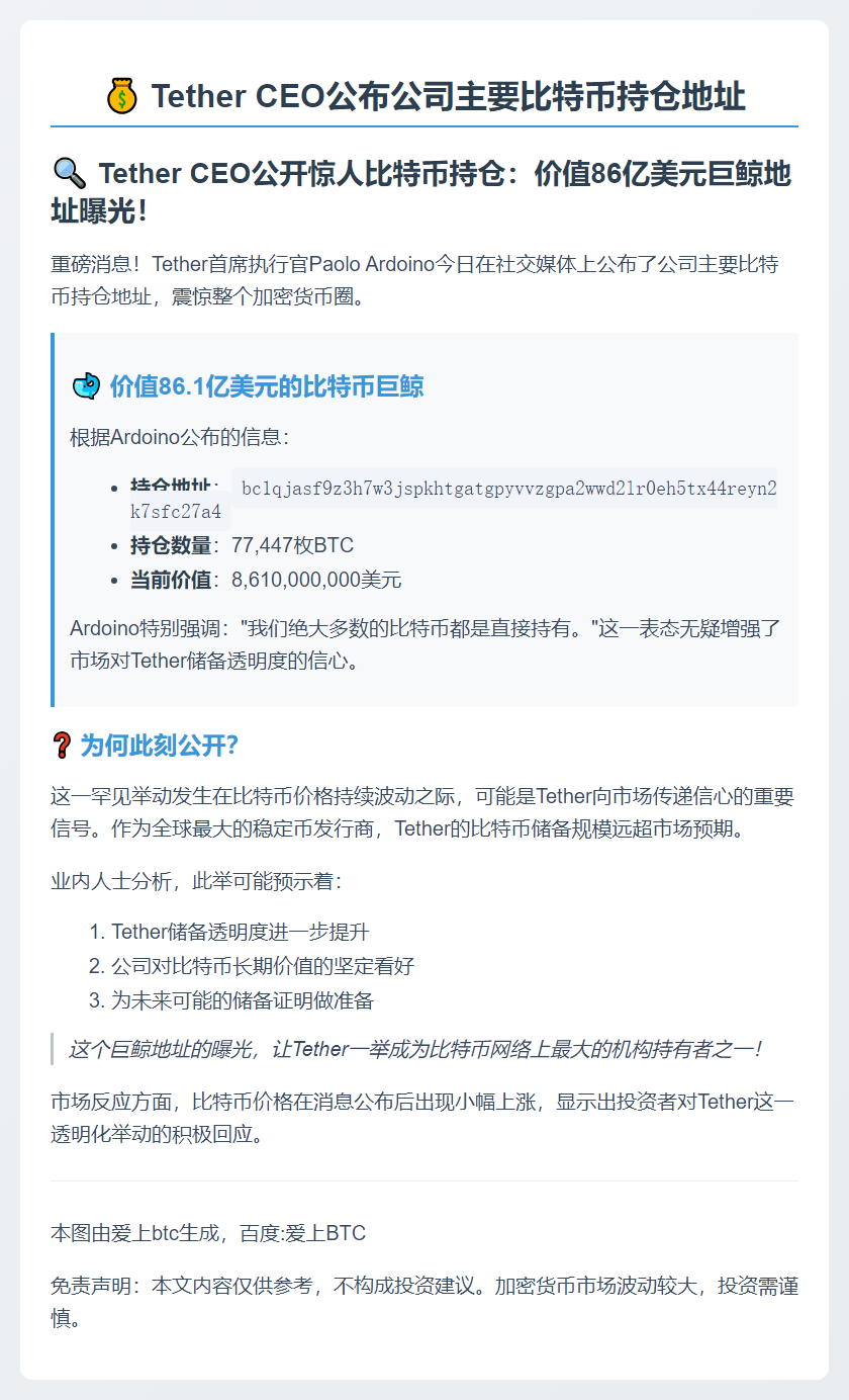 Tether CEO公布公司主要比特币持仓地址