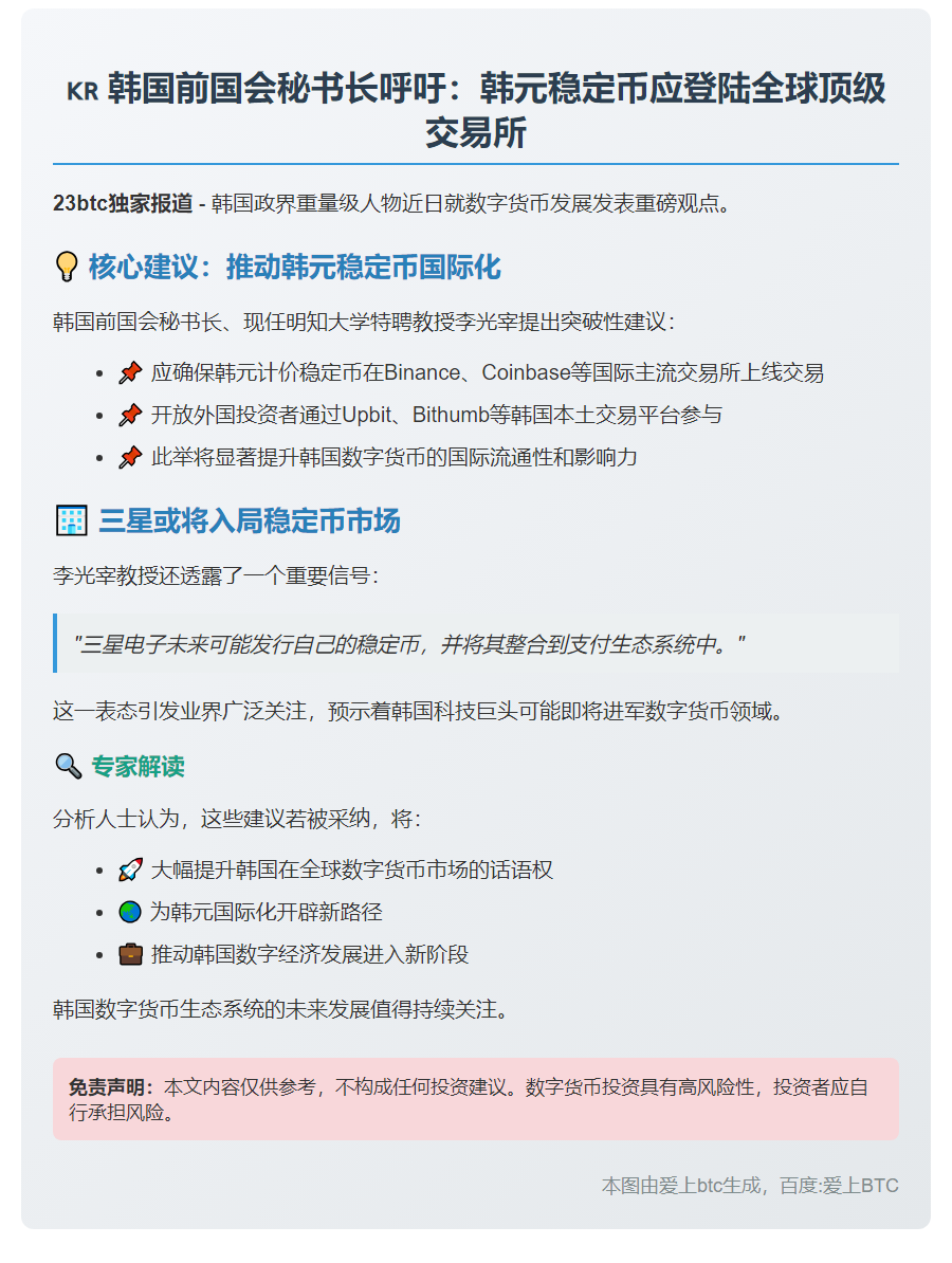 韩前高官呼吁韩元稳定币上架币安