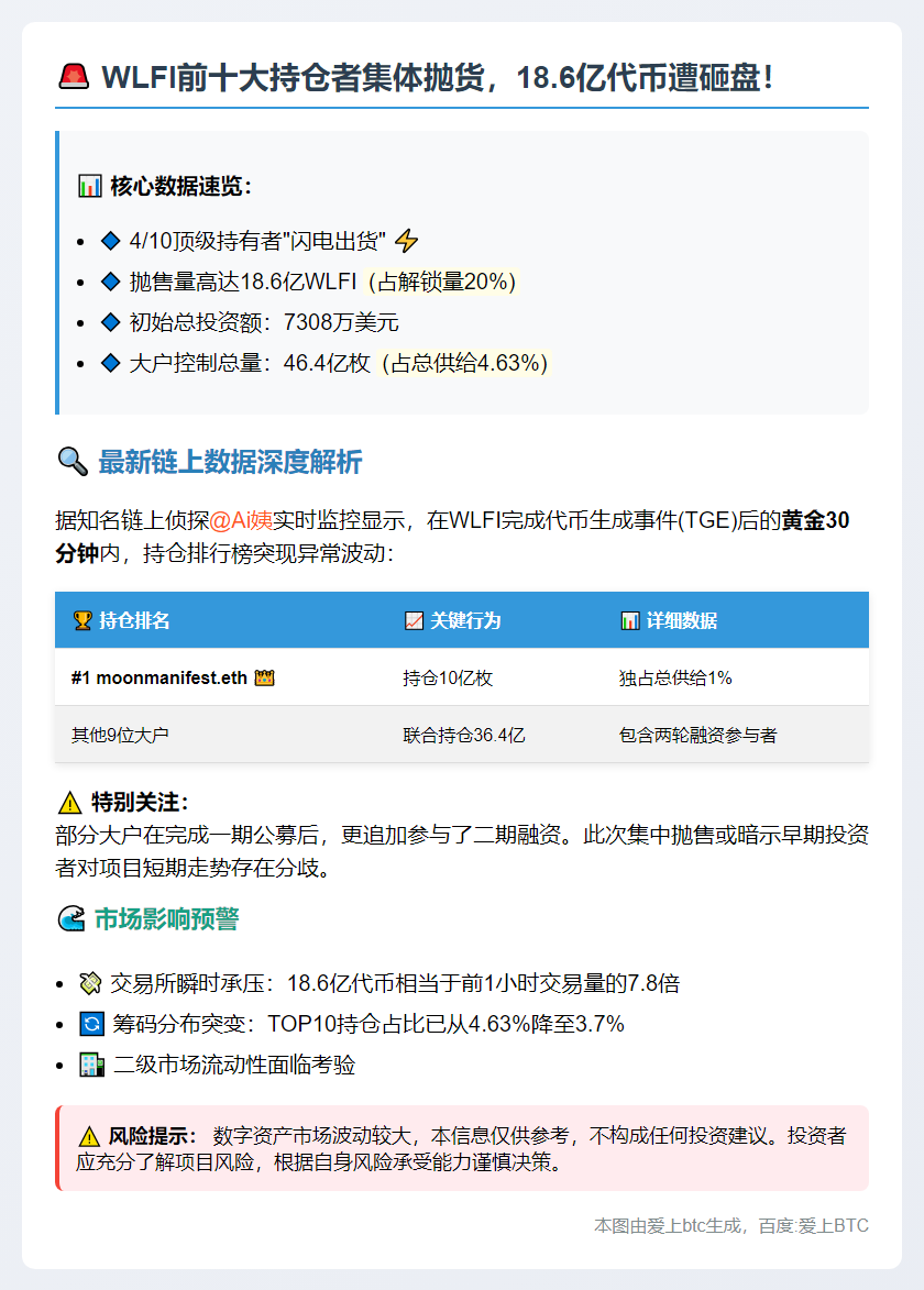 "WLFI TOP10持有者4位抛售18.6亿代币"