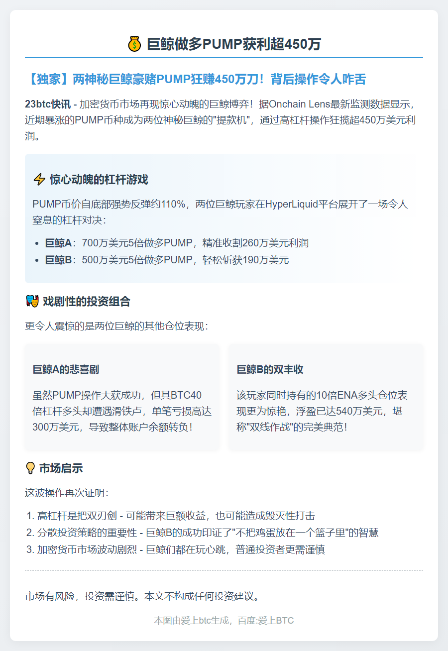 巨鲸做多PUMP获利超450万
