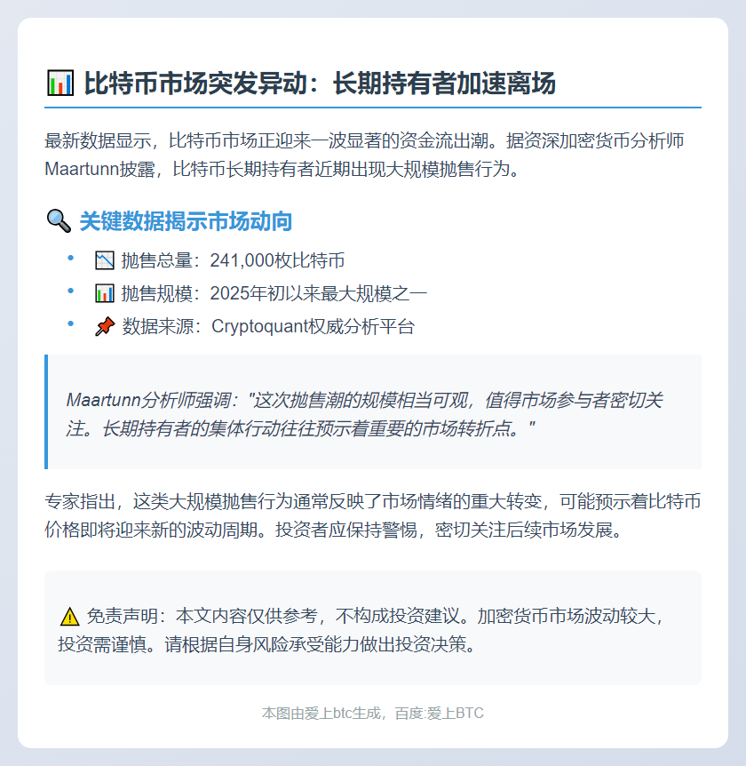 分析师：比特币长期持有者抛售241,000枚比特币，创年初以来规模最大抛售潮之一