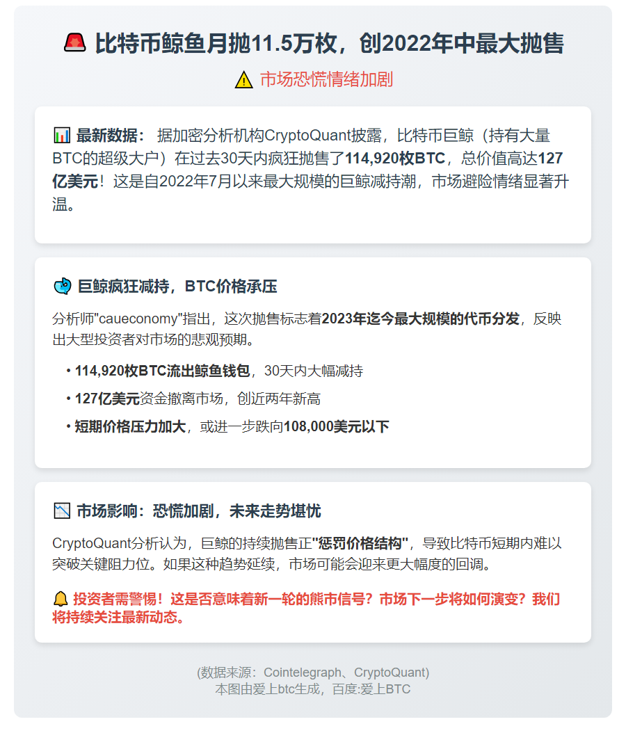 比特币鲸鱼月抛11.5万枚，创2022年中最大抛售