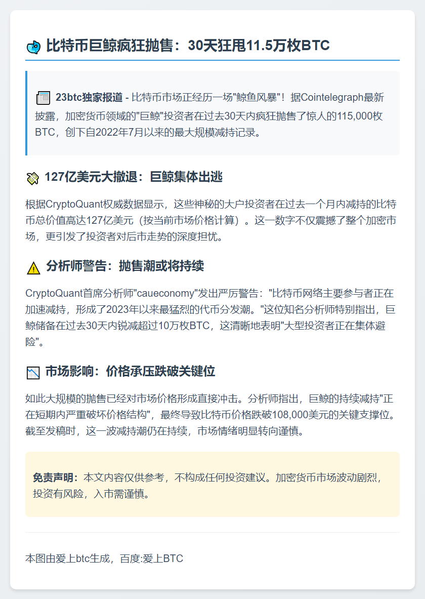 比特币鲸鱼月抛11.5万枚BTC