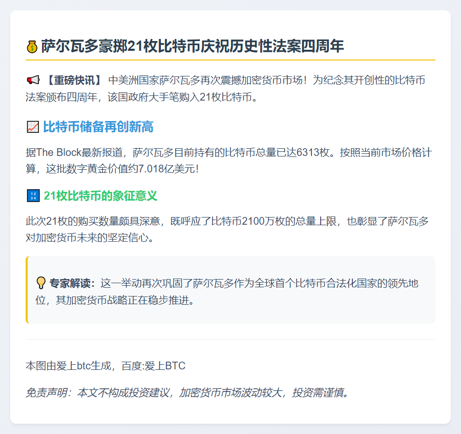 萨尔瓦多纪念比特币法四周年购入21枚