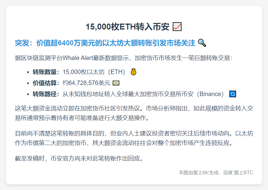 15,000枚ETH转入币安