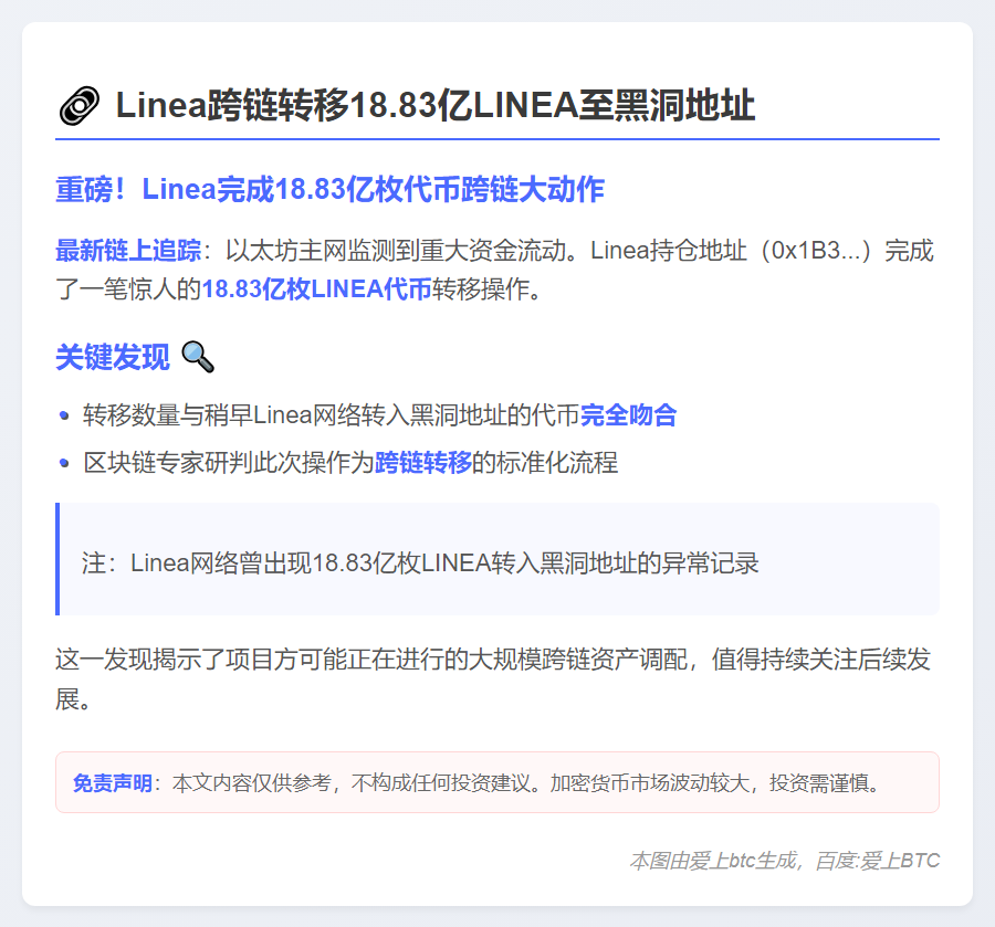 Linea跨链转移18.83亿LINEA至黑洞地址
