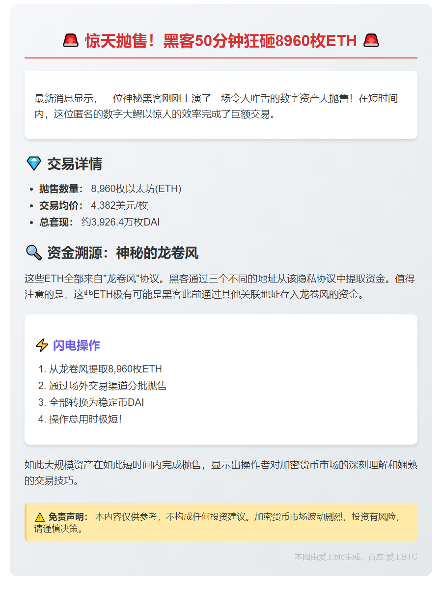 黑客50分钟套现4382美元，抛售8960枚ETH