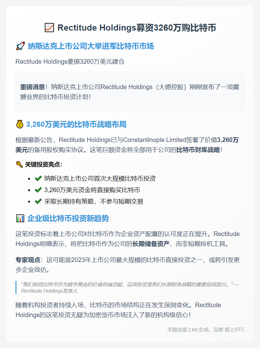 Rectitude Holdings募资3260万购比特币