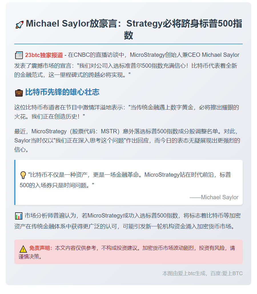Michael Saylor：Strategy有望纳入标普500