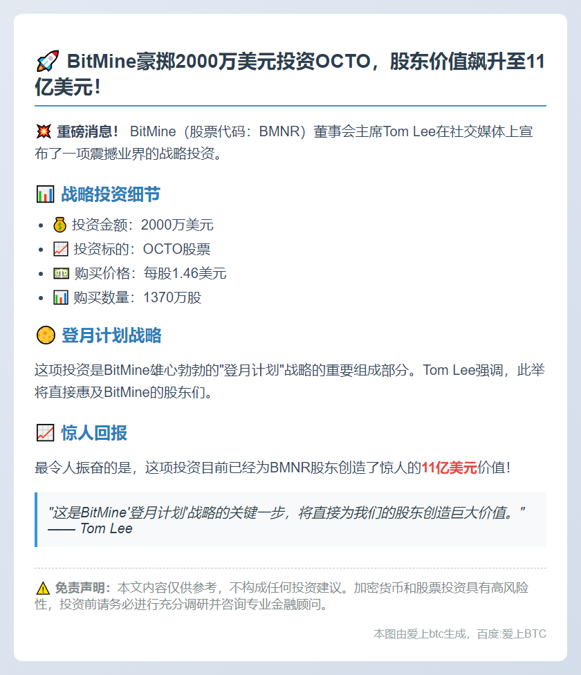 "Tom Lee：Bitmine获2000万投资推进登月计划"