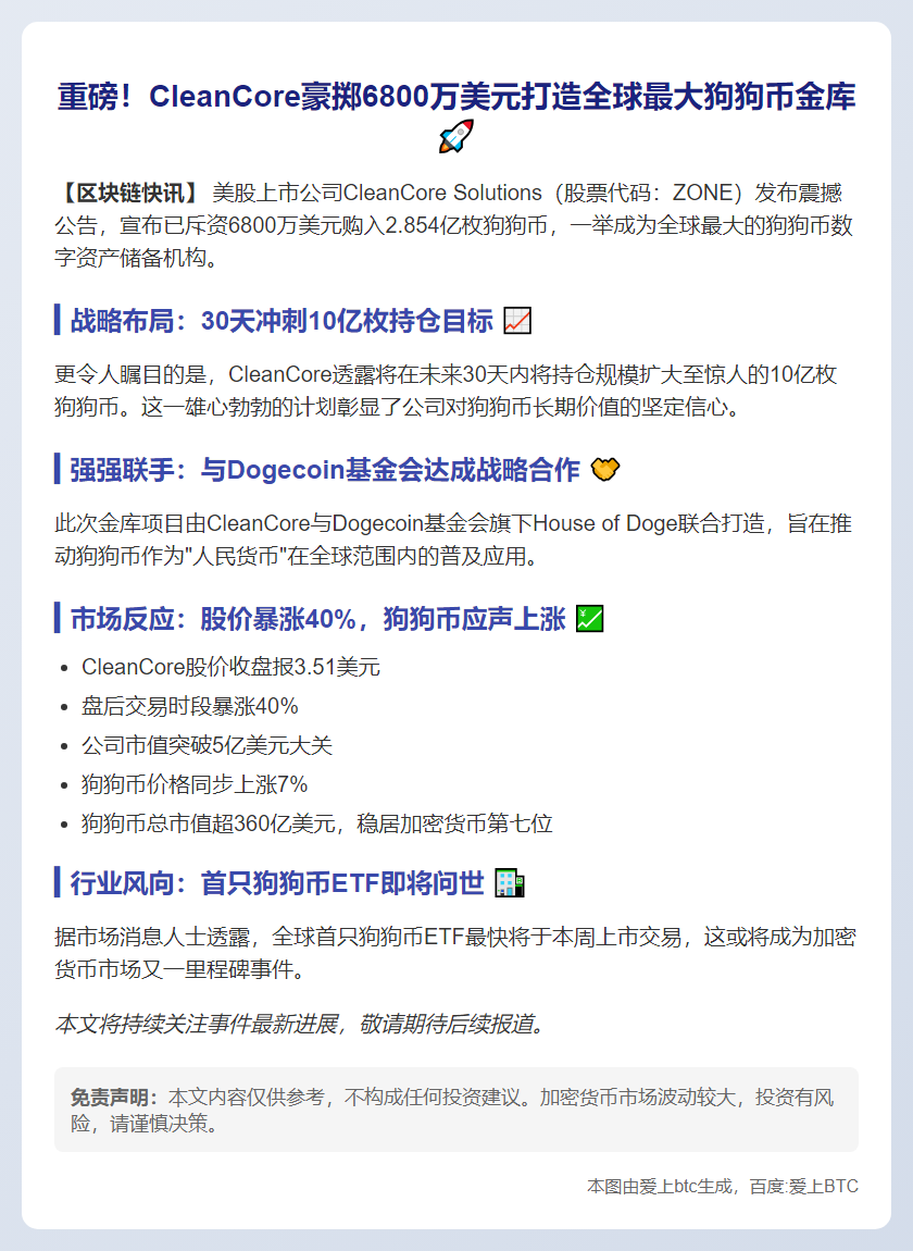 CleanCore豪掷6800万建狗狗币库 股价暴涨40%