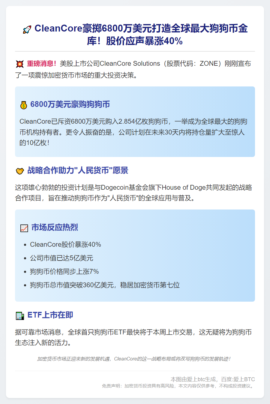 CleanCore豪掷6800万建狗狗币库 股价飙升40%
