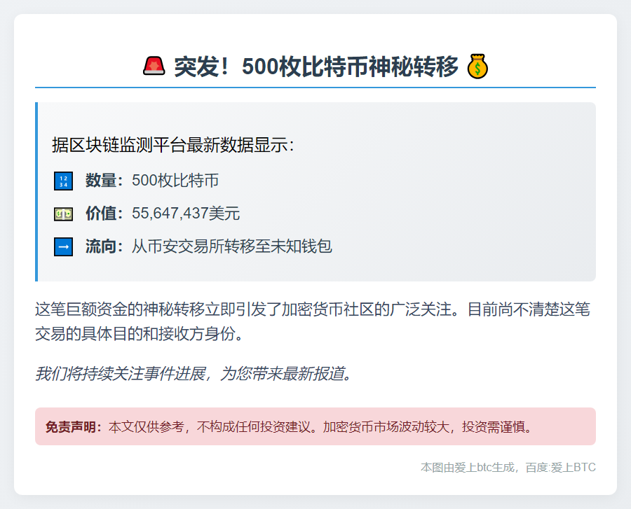 500枚比特币转至未知钱包