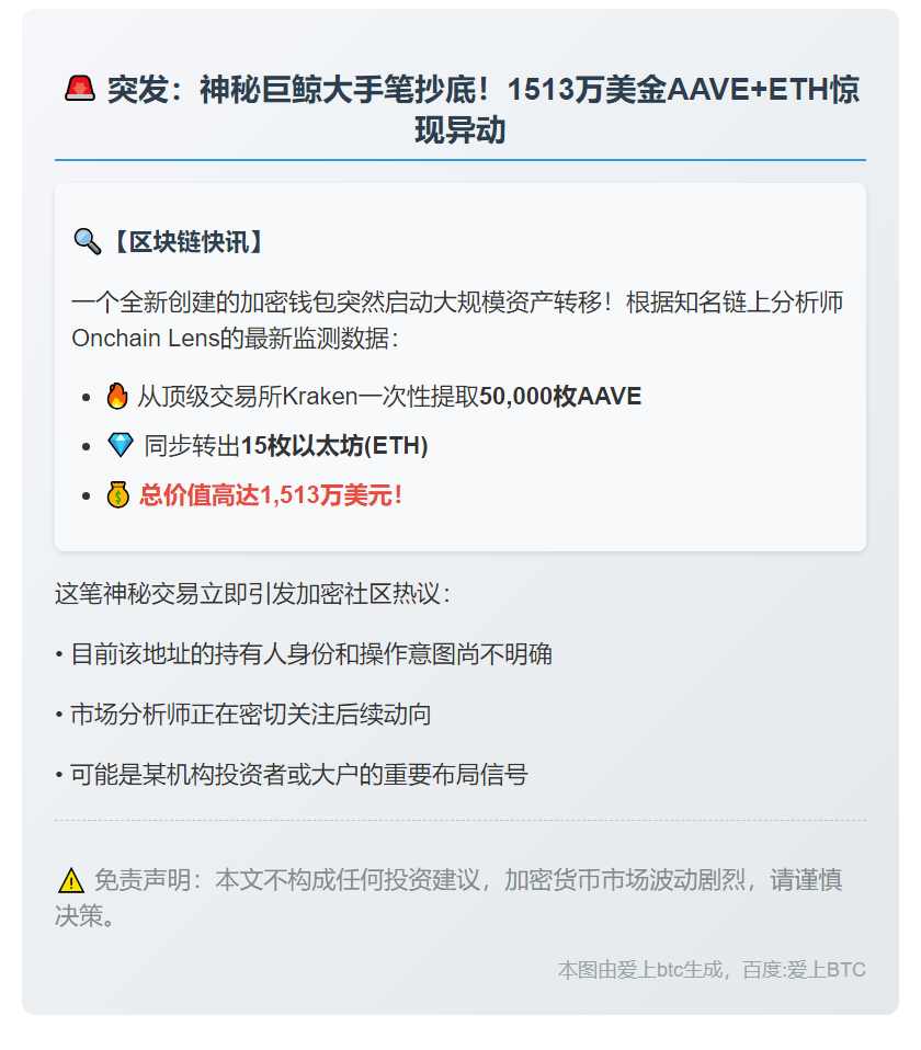 新地址从Kraken提取5万AAVE和15ETH