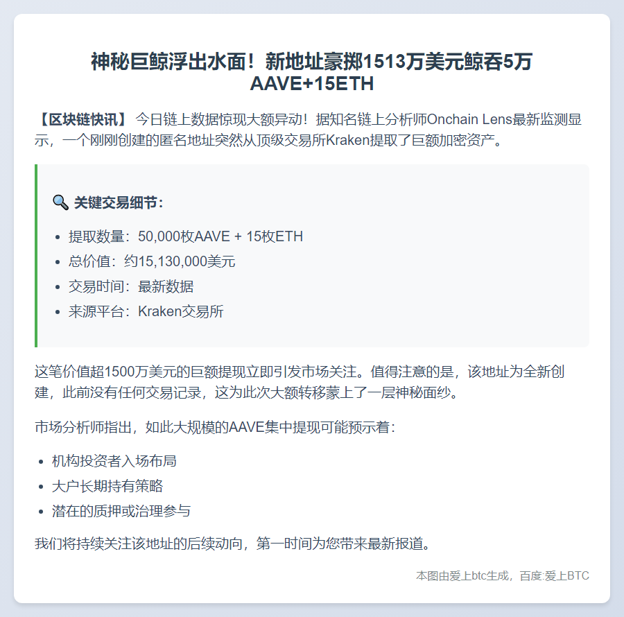 新地址从Kraken提取5万AAVE和15ETH