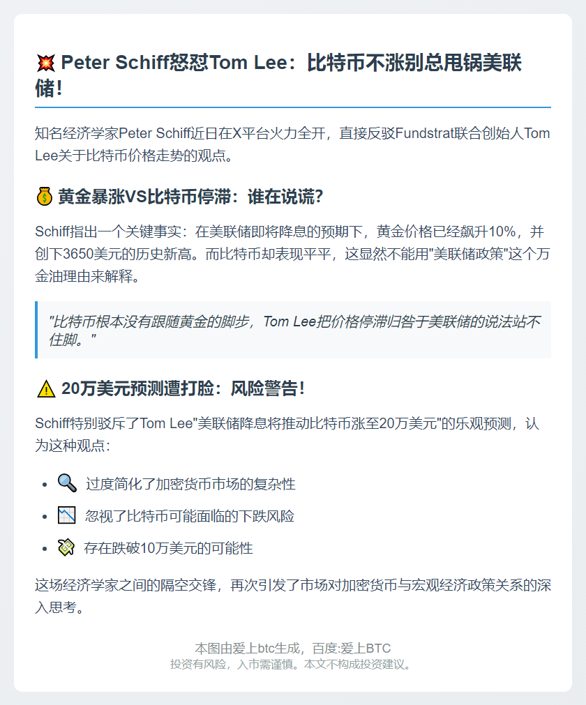 Schiff反驳Tom Lee：比特币下跌非美联储之过