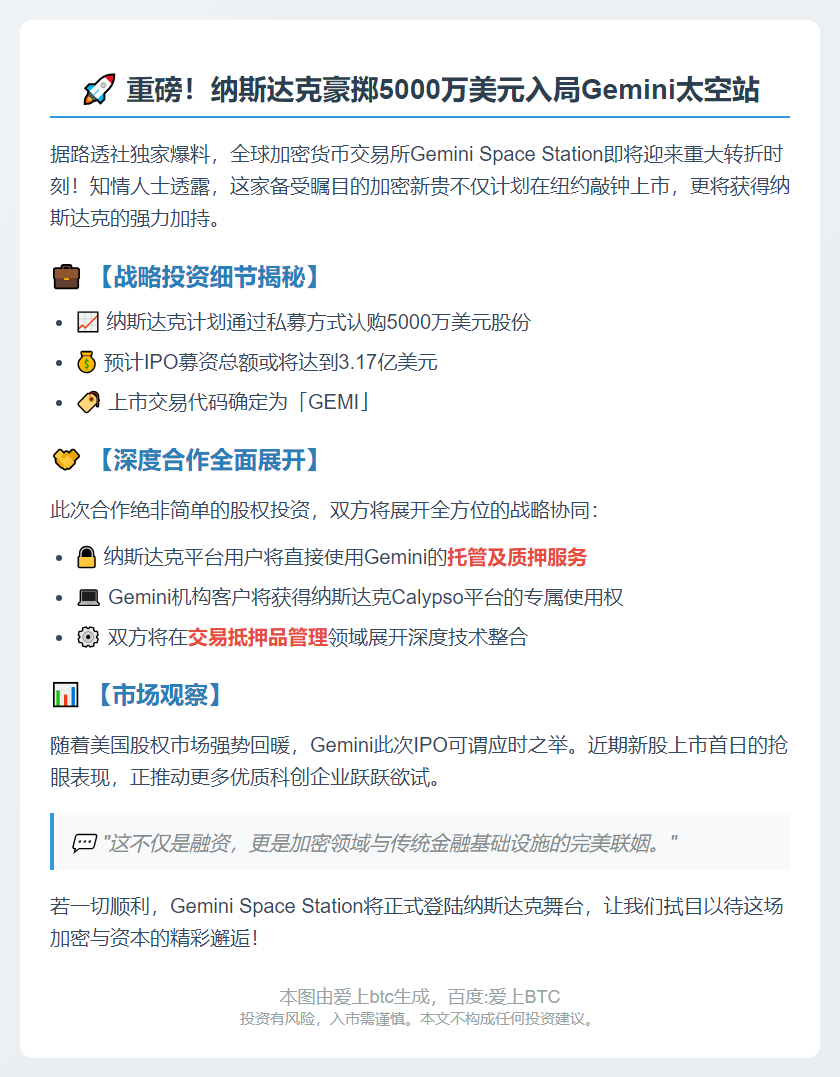 纳斯达克5千万美元私募入股Gemini
