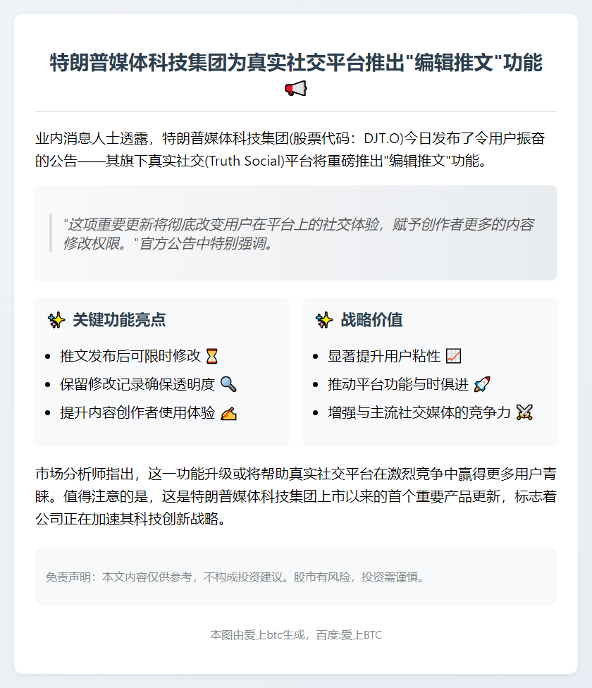 特朗普媒体科技集团为真实社交平台推出“编辑推文”功能