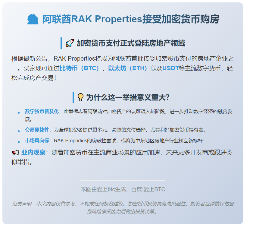 阿联酋RAK Properties接受加密货币购房