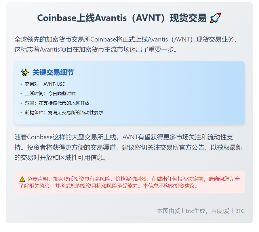 Coinbase上线Avantis（AVNT）现货交易