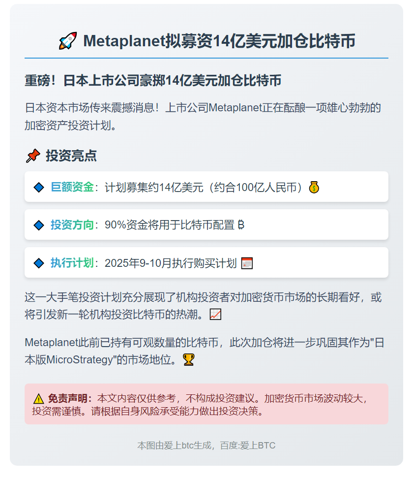 Metaplanet拟募资14亿美元加仓比特币