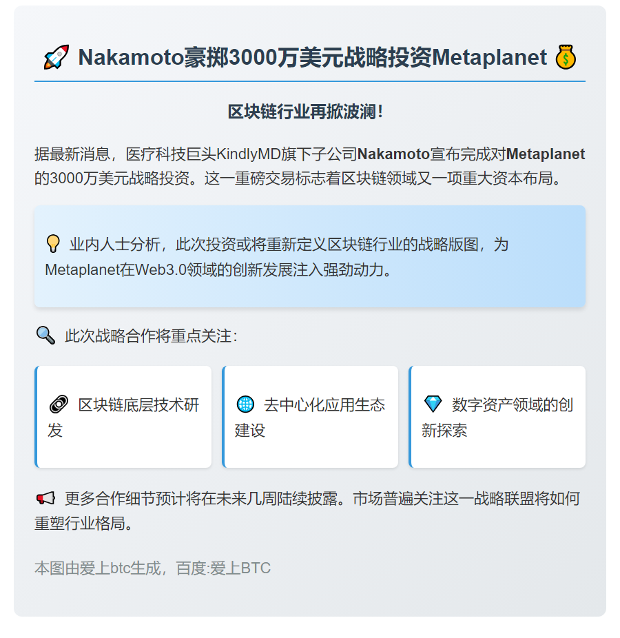 Nakamoto注资Metaplanet 3000万美元