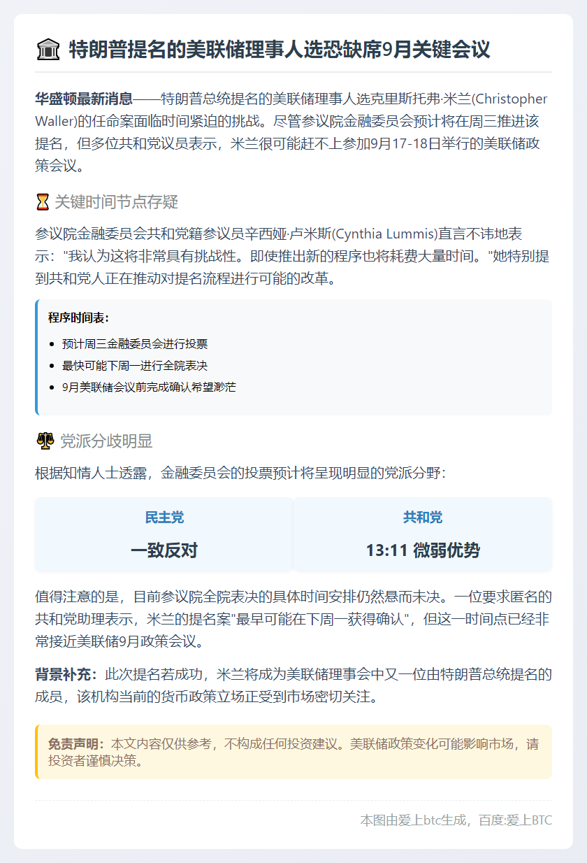 美议员：米兰或缺席下周美联储会议